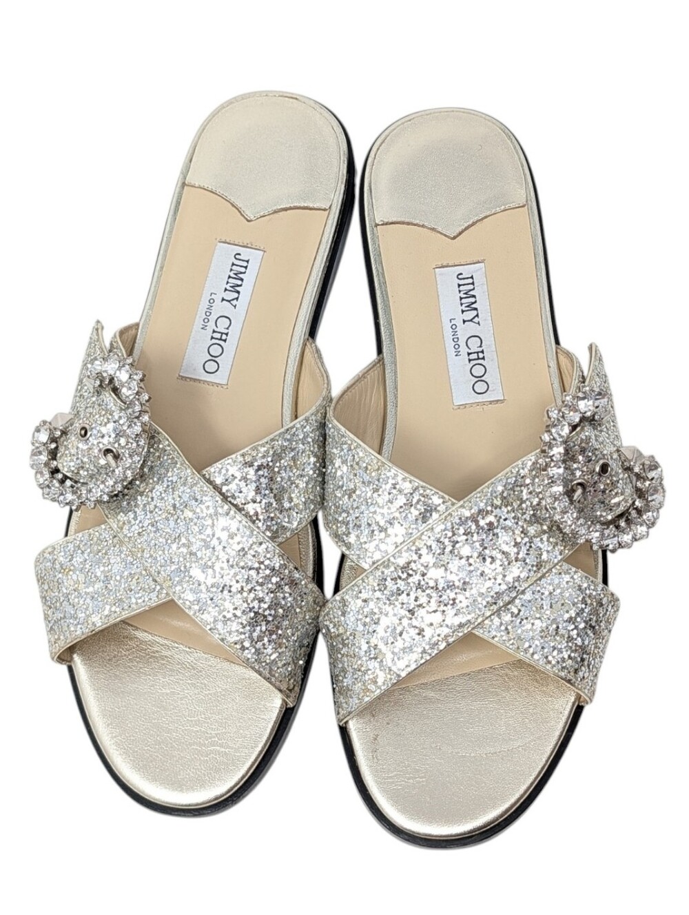 Jimmy Choo Marle Silver Crystal Glitter Criss Cross Slide Sandals Size EU 40